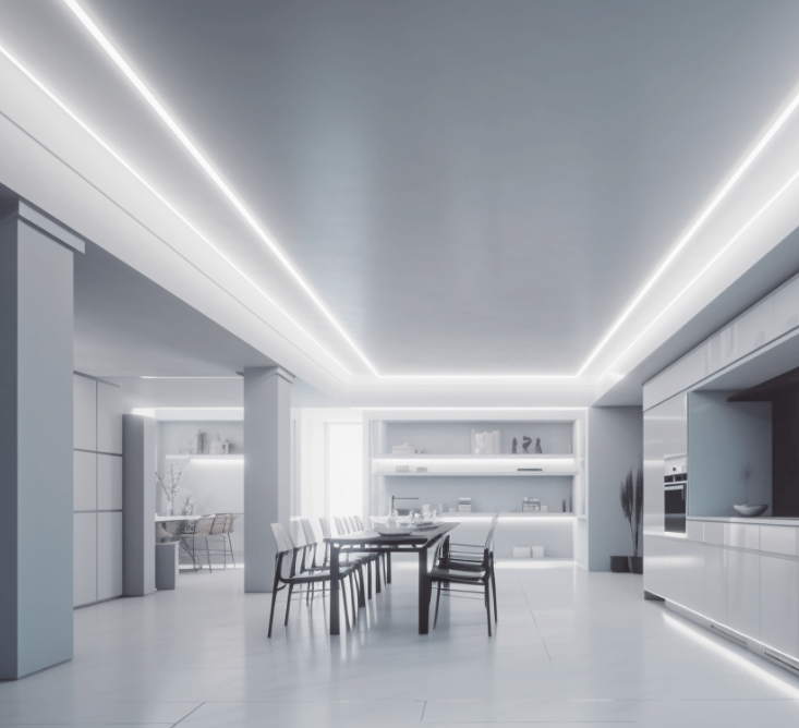 interior with modern stretch ceiling installed